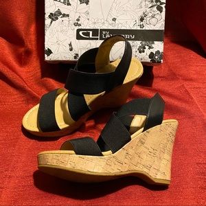 Chinese Laundry Elastic Band Black Wedge Sandals